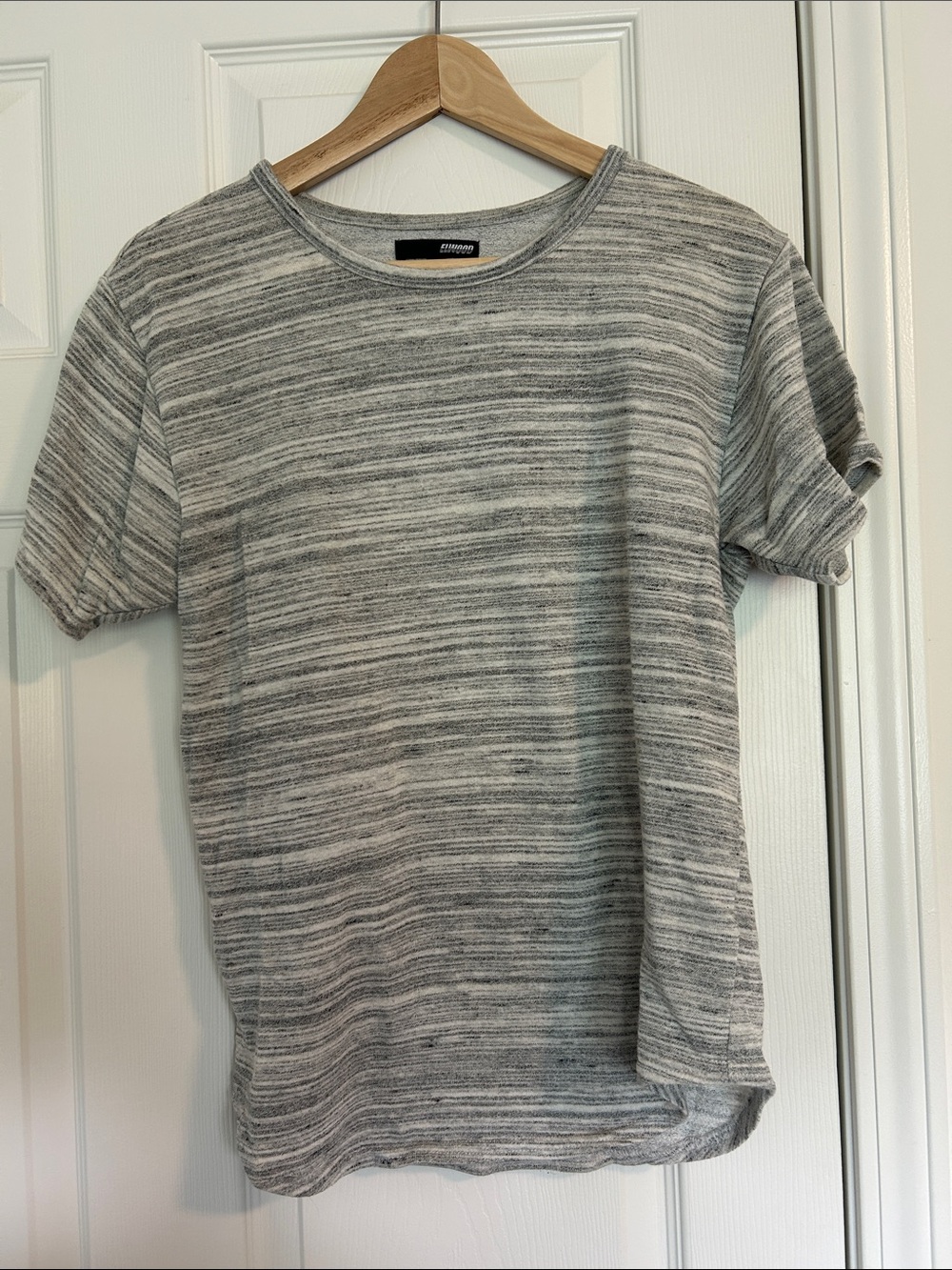 Heathered Gray Striped Crewneck Scalloped Tee